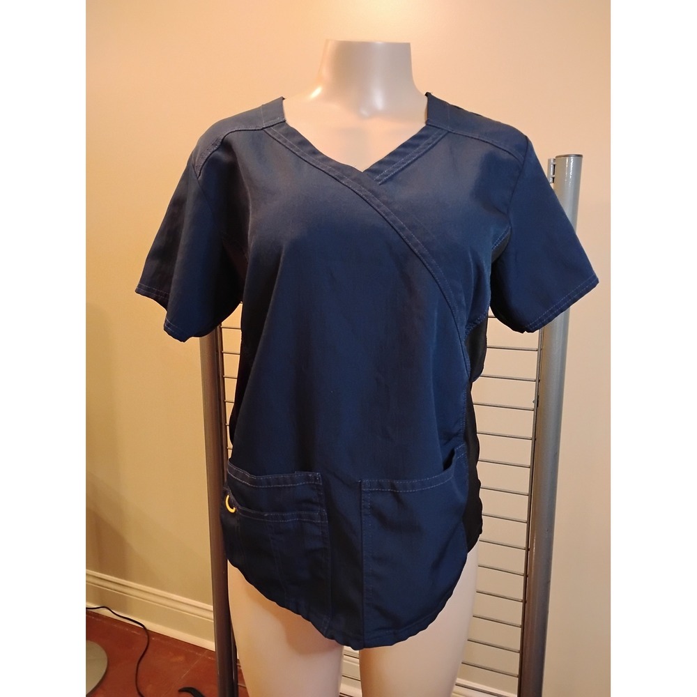 WonderWink Four-Stretch Navy Blue Mock Wrap Scrub Top Womens Medium V-Neck